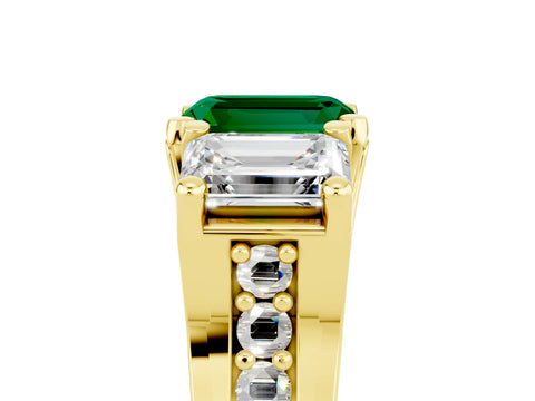 Yellow gold Emerald Cut Emerald Three-Stone Ring with Channel Set Band and Four-Prong Setting_5