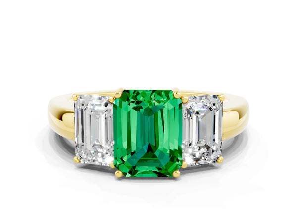 Yellow gold Emerald Cut Emerald Three-Stone Ring with Four-Prong Setting and Classic Band