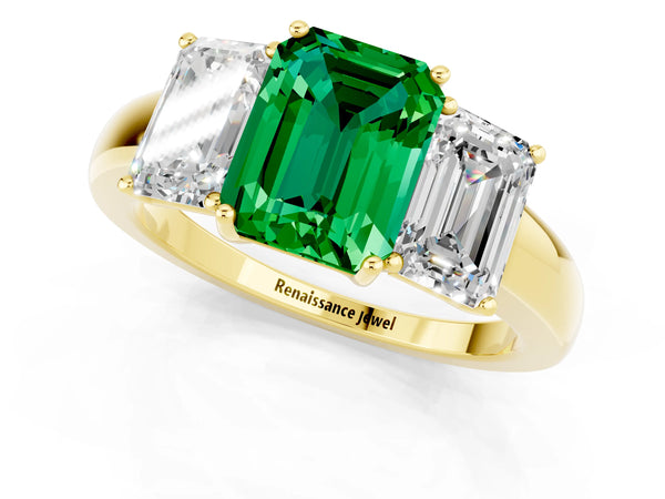 Yellow gold Emerald Cut Emerald Three-Stone Ring with Four-Prong Setting and Classic Band