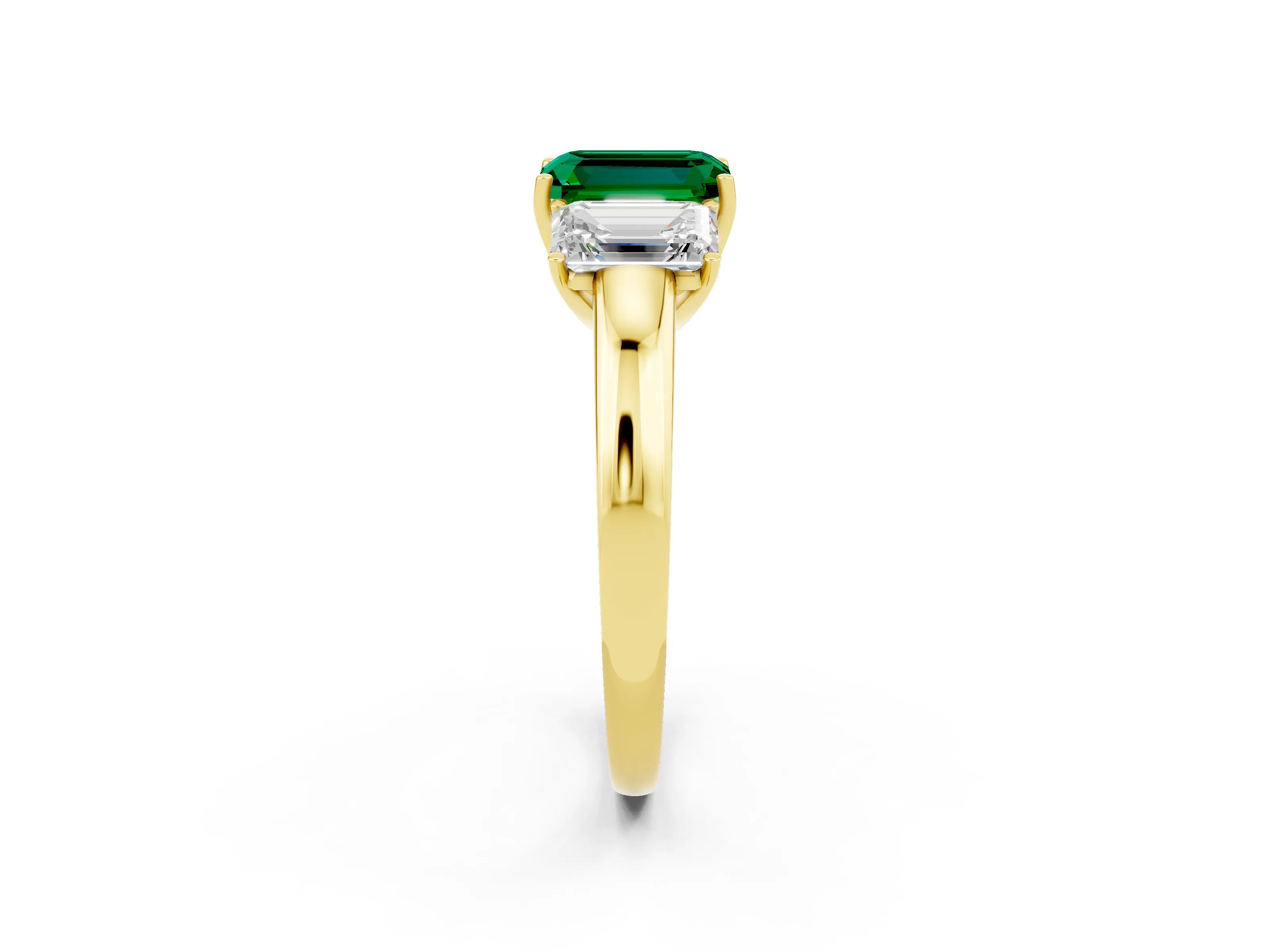 Yellow gold Emerald Cut Emerald Three-Stone Ring with Four-Prong Setting and Classic Band_2