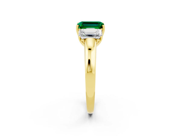 Yellow gold Emerald Cut Emerald Three-Stone Ring with Four-Prong Setting and Classic Band