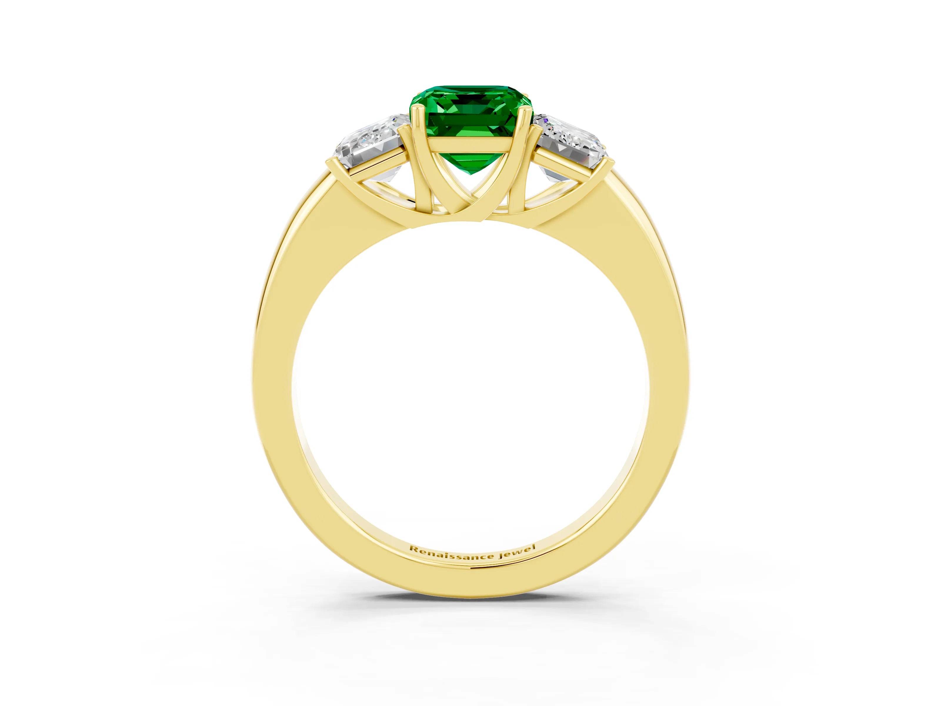 Yellow gold Emerald Cut Emerald Three-Stone Ring with Four-Prong Setting and Classic Band_3