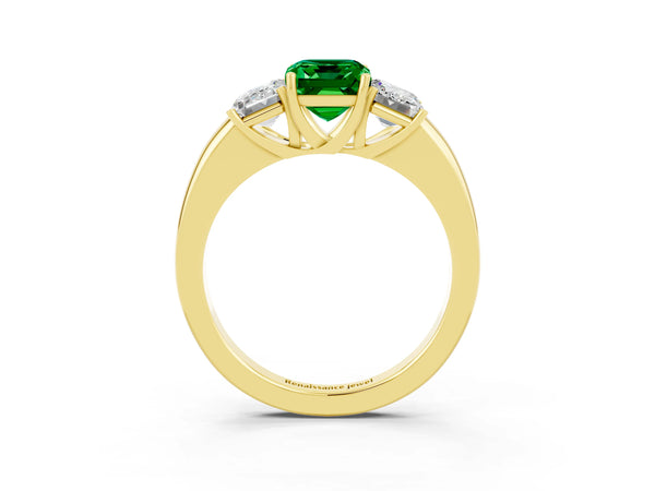 Yellow gold Emerald Cut Emerald Three-Stone Ring with Four-Prong Setting and Classic Band