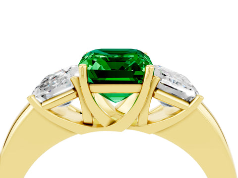 Yellow gold Emerald Cut Emerald Three-Stone Ring with Four-Prong Setting and Classic Band_4