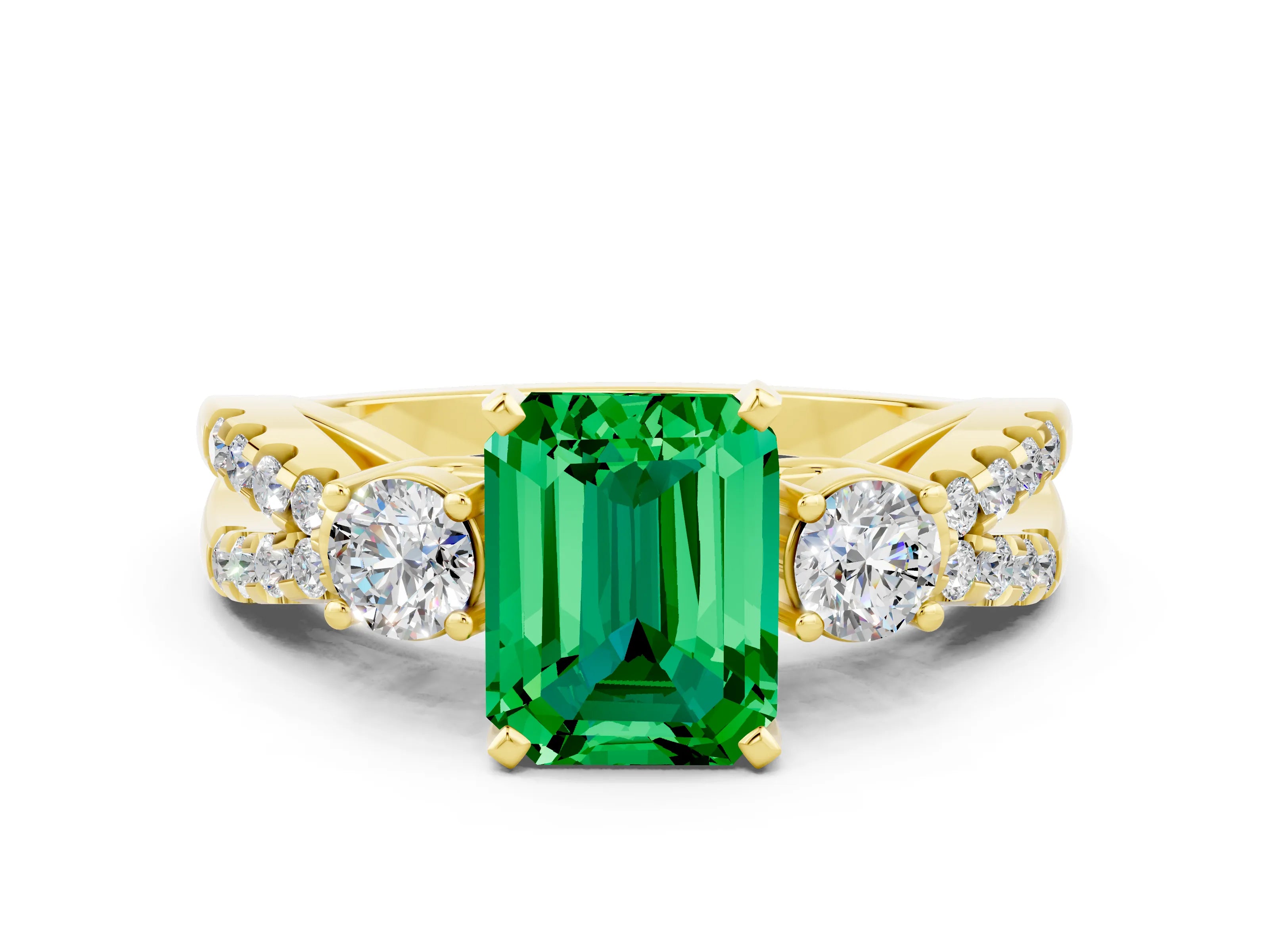 Yellow gold Emerald Cut Emerald Three-Stone Ring with Pavé Split Shank and Four-Prong Setting