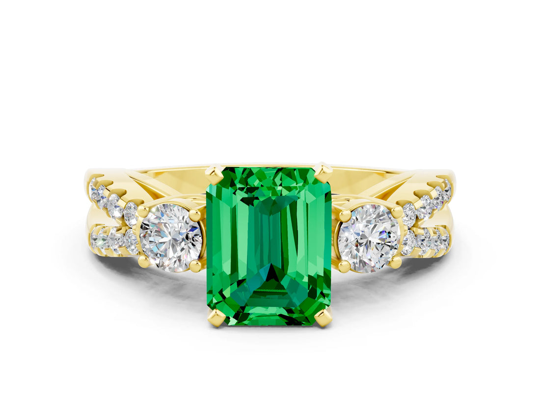 Yellow gold Emerald Cut Emerald Three-Stone Ring with Pavé Split Shank and Four-Prong Setting