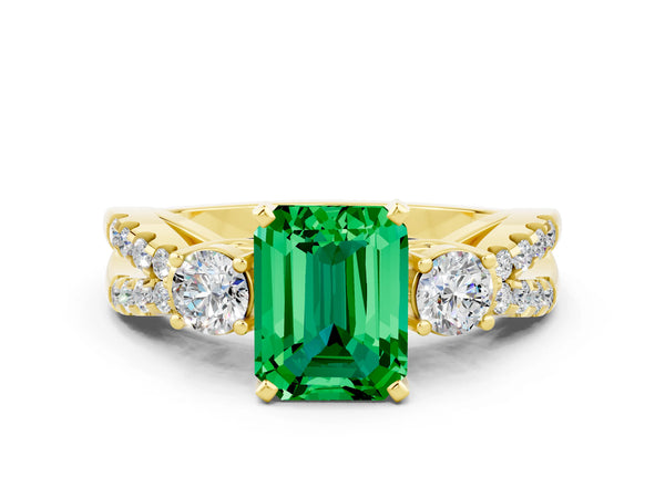 Yellow gold Emerald Cut Emerald Three-Stone Ring with Pavé Split Shank and Four-Prong Setting