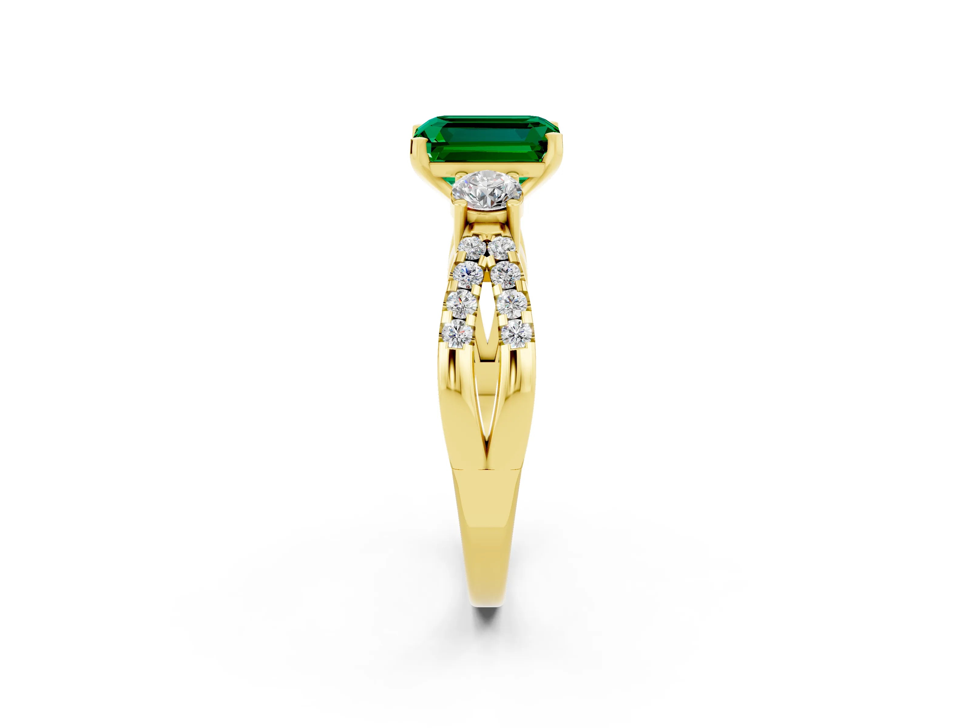 Yellow gold Emerald Cut Emerald Three-Stone Ring with Pavé Split Shank and Four-Prong Setting_2