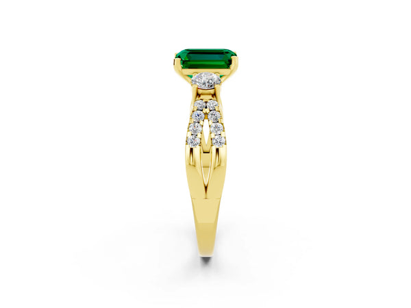 Yellow gold Emerald Cut Emerald Three-Stone Ring with Pavé Split Shank and Four-Prong Setting