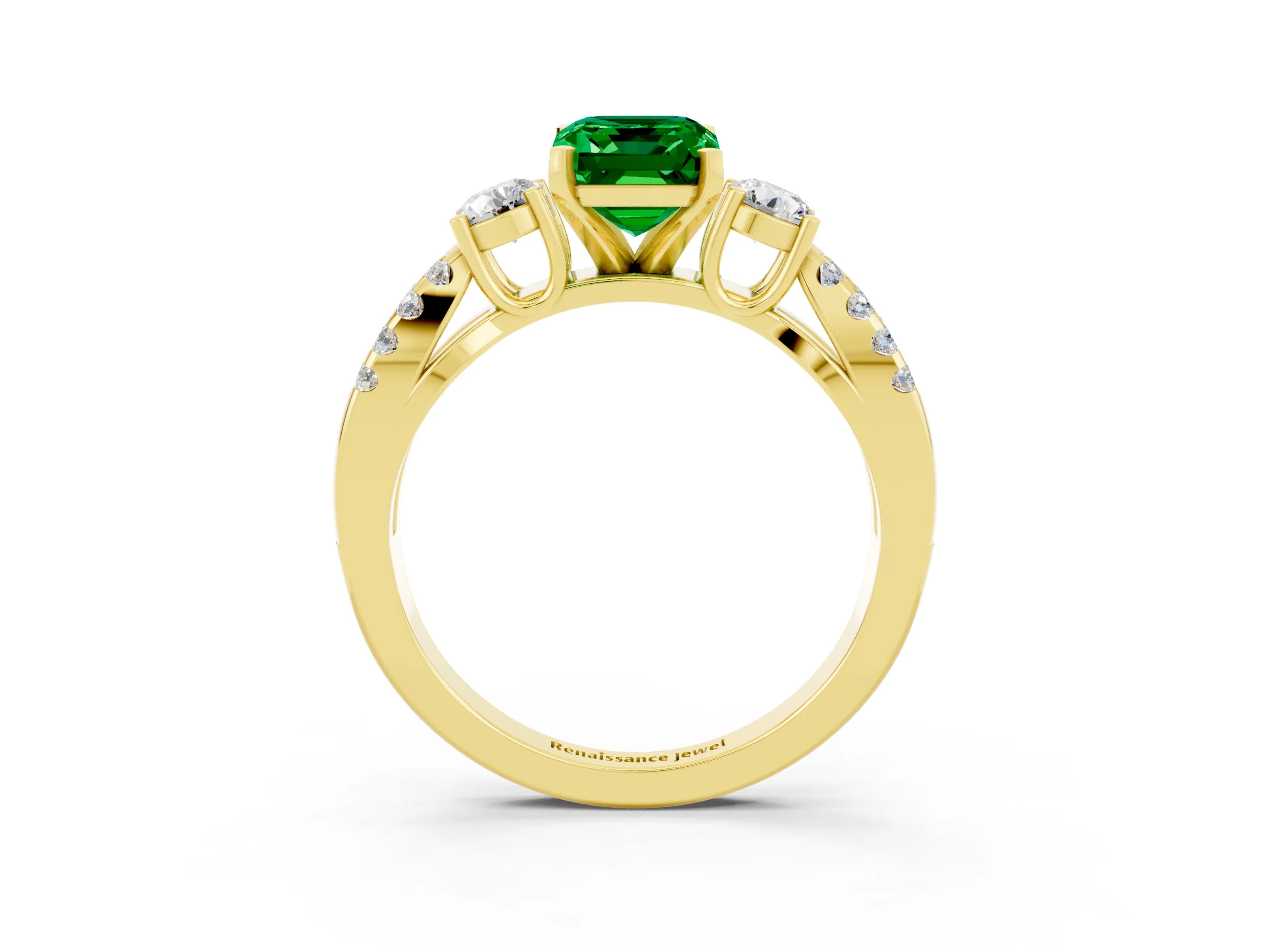 Yellow gold Emerald Cut Emerald Three-Stone Ring with Pavé Split Shank and Four-Prong Setting_3
