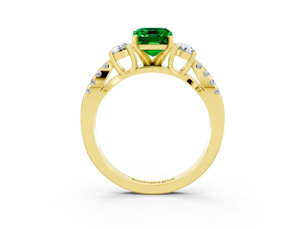 Yellow gold Emerald Cut Emerald Three-Stone Ring with Pavé Split Shank and Four-Prong Setting