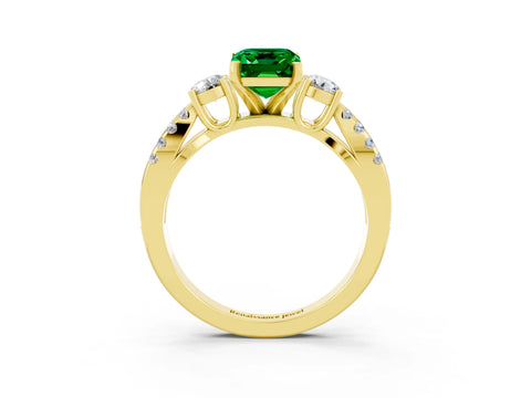 Yellow gold Emerald Cut Emerald Three-Stone Ring with Pavé Split Shank and Four-Prong Setting_3