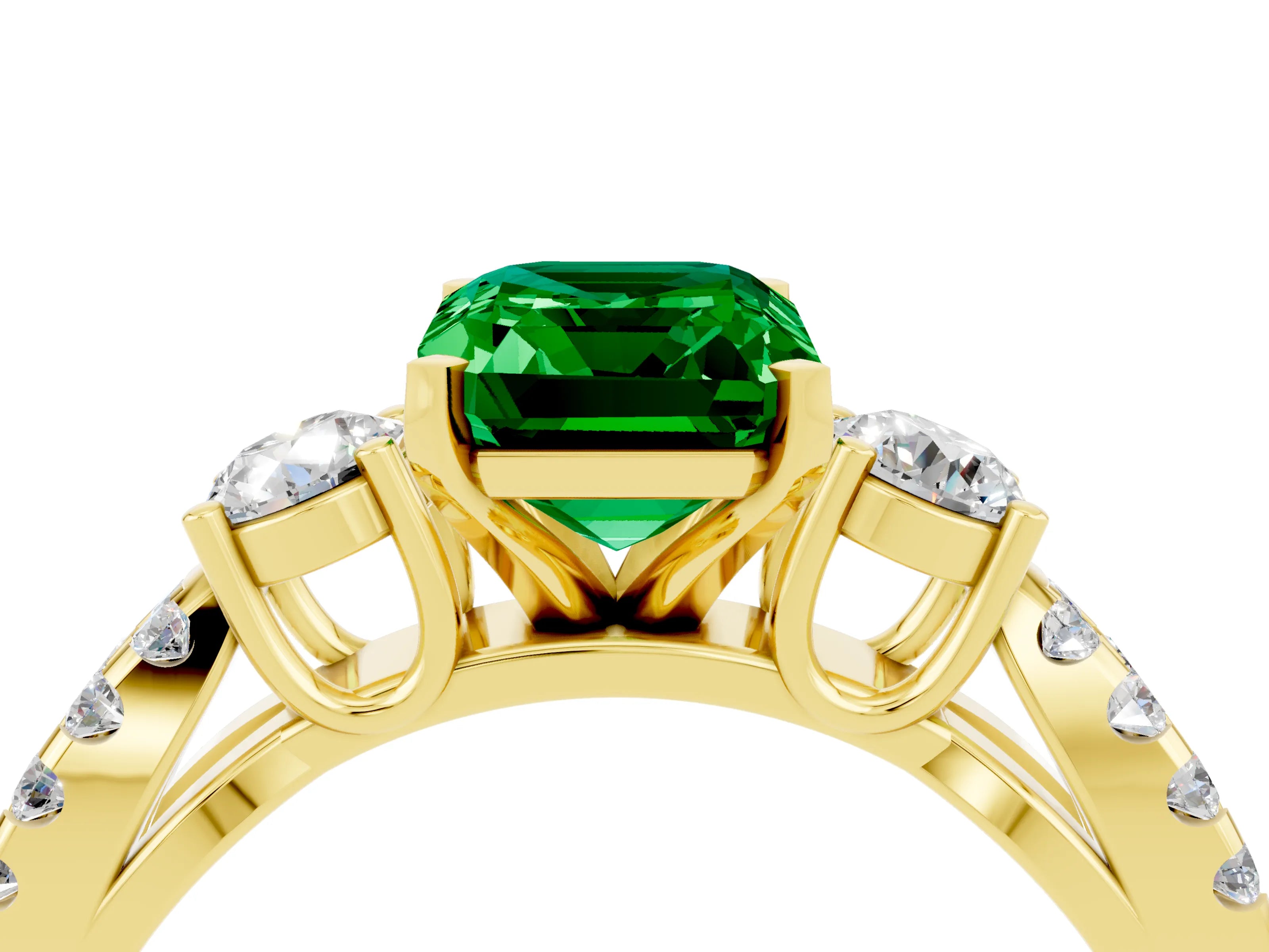 Yellow gold Emerald Cut Emerald Three-Stone Ring with Pavé Split Shank and Four-Prong Setting_4