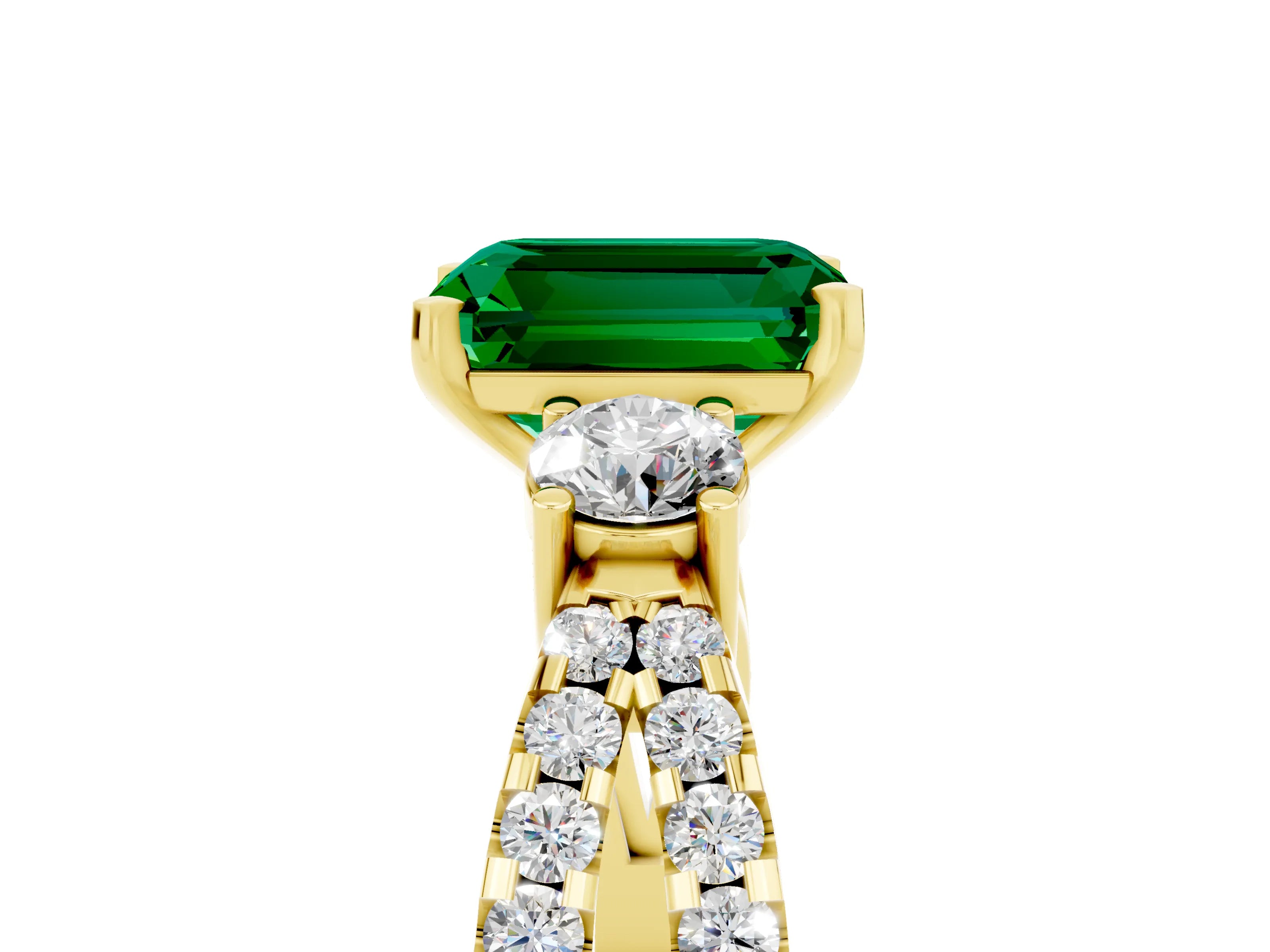 Yellow gold Emerald Cut Emerald Three-Stone Ring with Pavé Split Shank and Four-Prong Setting_5