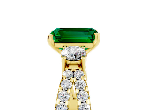 Yellow gold Emerald Cut Emerald Three-Stone Ring with Pavé Split Shank and Four-Prong Setting_5