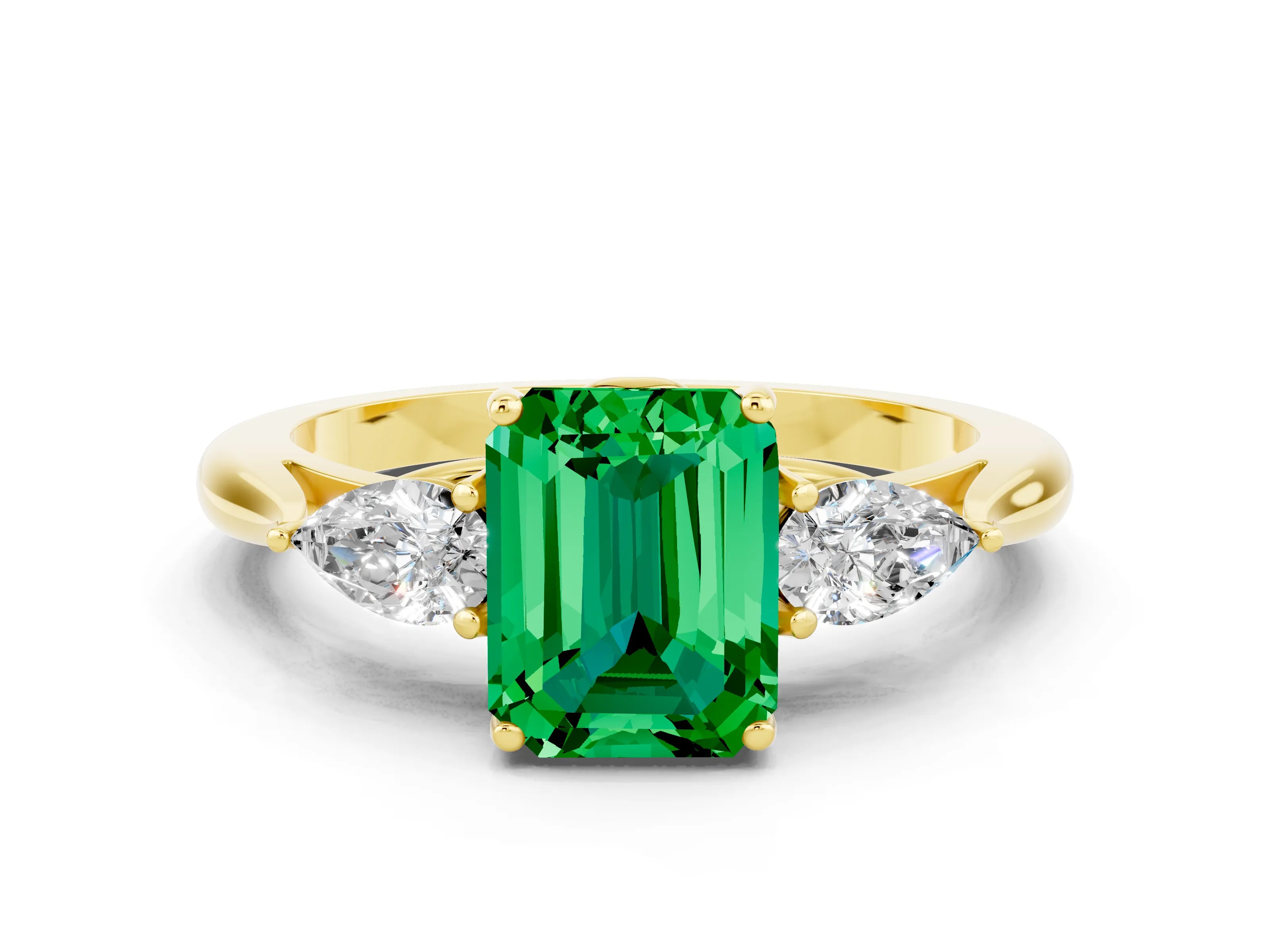 Yellow gold Emerald Cut Emerald Three-Stone Ring with Pear Side Stones and Four-Prong Setting_12