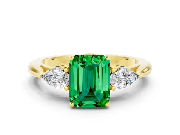 Yellow gold Emerald Cut Emerald Three-Stone Ring with Pear  Side Stones and Prong Setting