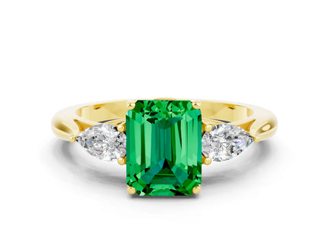 Yellow gold Emerald Cut Emerald Three-Stone Ring with Pear Side Stones and Four-Prong Setting_12