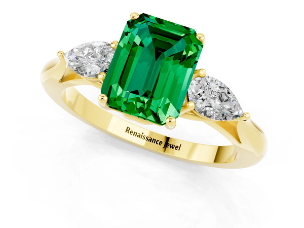 Yellow gold Emerald Cut Emerald Three-Stone Ring with Pear  Side Stones and Prong Setting