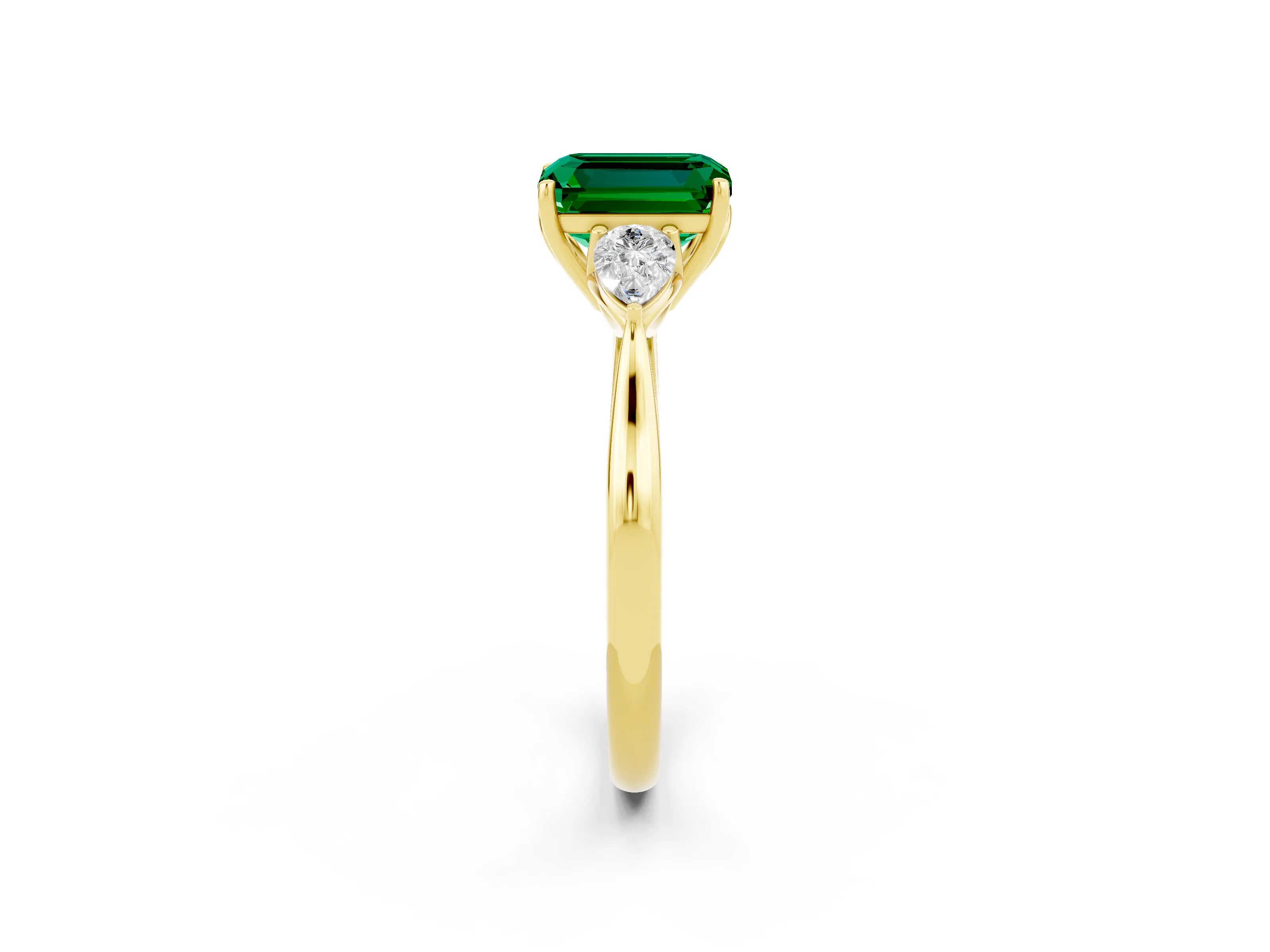 Yellow gold Emerald Cut Emerald Three-Stone Ring with Pear Side Stones and Four-Prong Setting_14