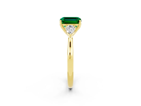 Yellow gold Emerald Cut Emerald Three-Stone Ring with Pear  Side Stones and Prong Setting
