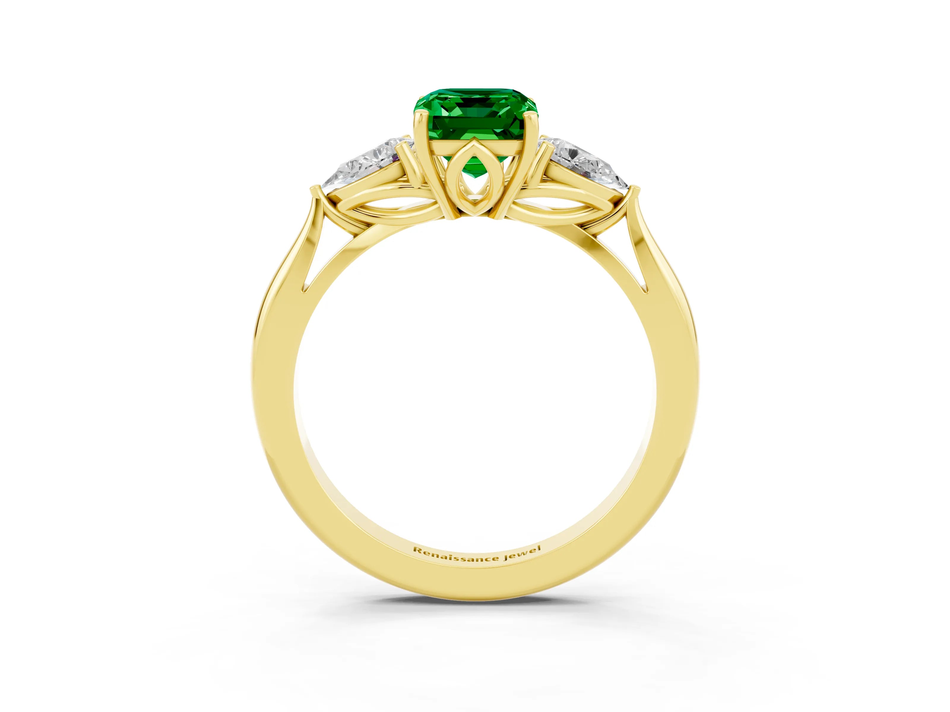 Yellow gold Emerald Cut Emerald Three-Stone Ring with Pear Side Stones and Four-Prong Setting_15
