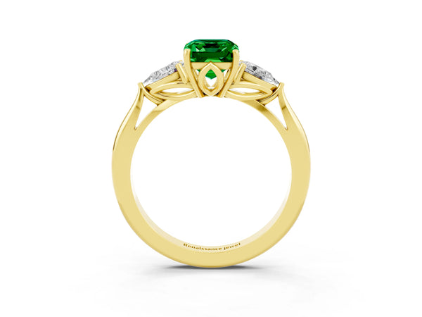 Yellow gold Emerald Cut Emerald Three-Stone Ring with Pear  Side Stones and Prong Setting
