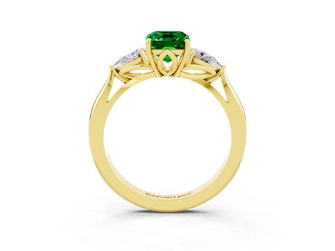 Yellow gold Emerald Cut Emerald Three-Stone Ring with Pear Side Stones and Four-Prong Setting_15