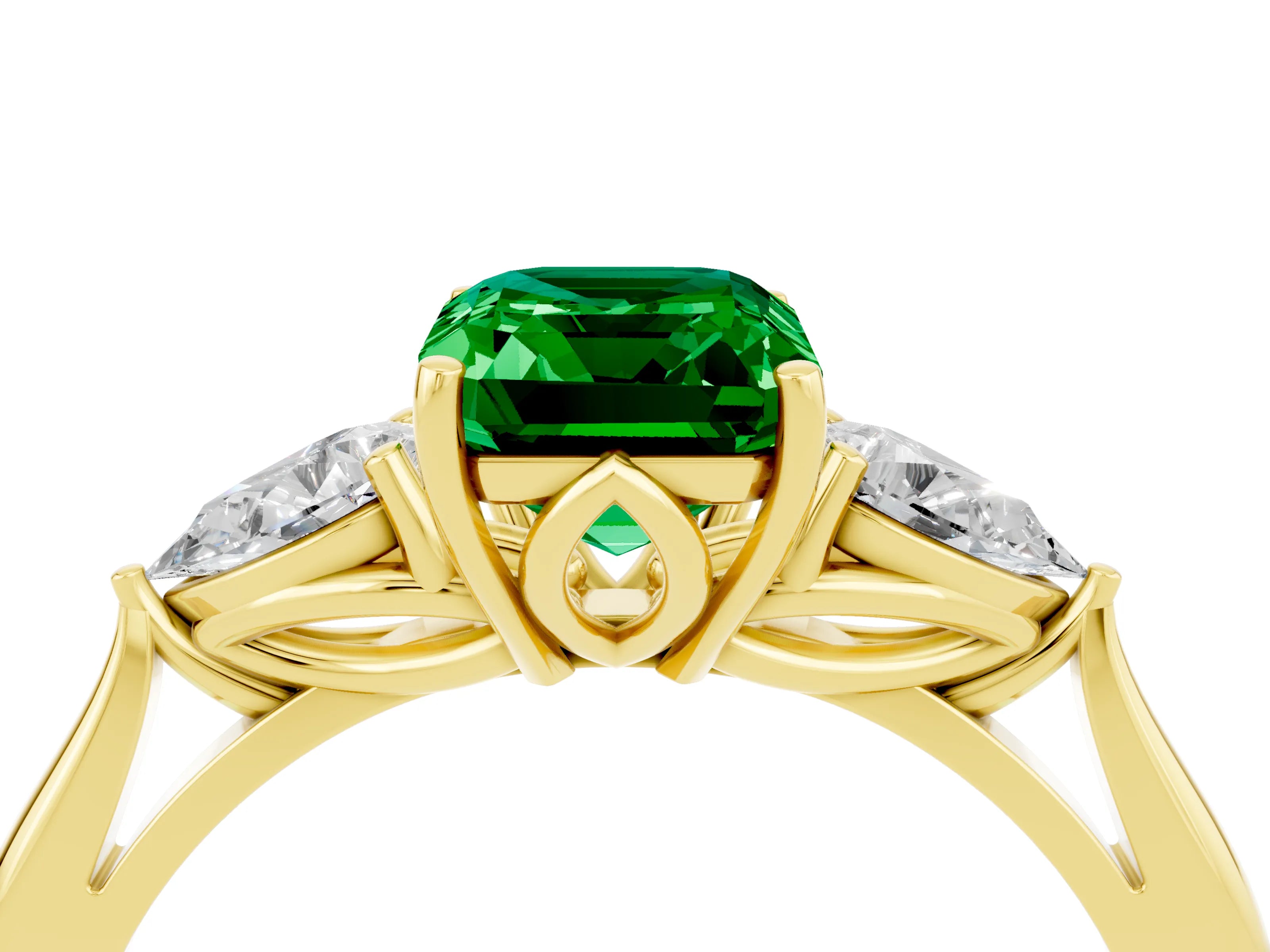 Yellow gold Emerald Cut Emerald Three-Stone Ring with Pear Side Stones and Four-Prong Setting_16