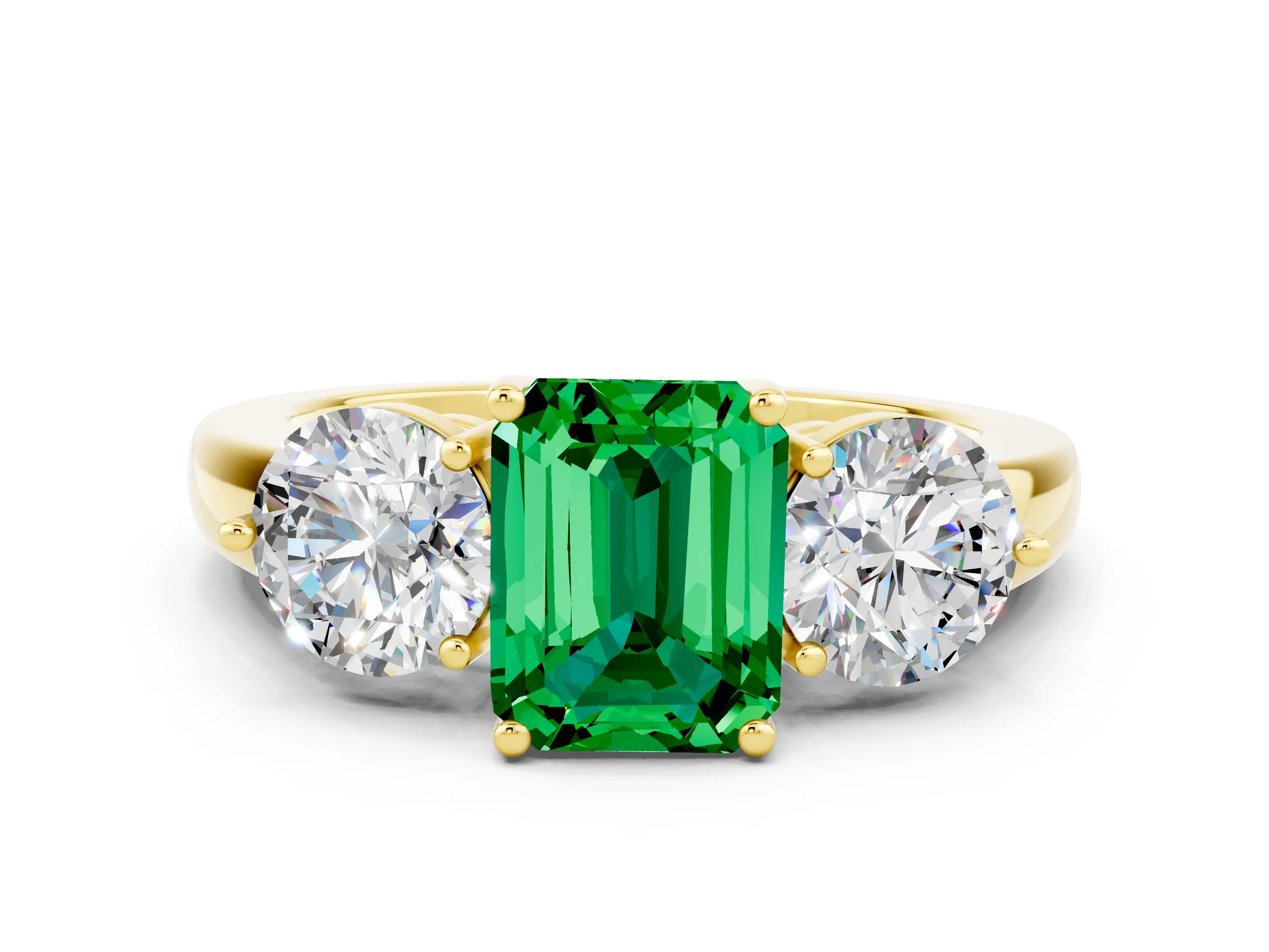Yellow gold Emerald Cut Emerald Three-Stone Ring with Prong Setting and Classic Band
