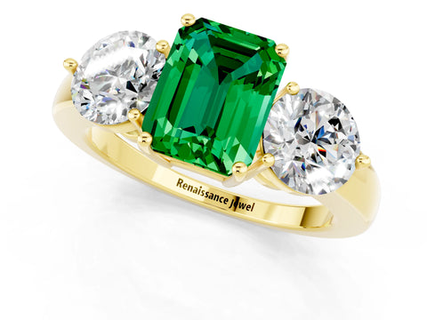 Yellow gold Emerald Cut Emerald Three-Stone Ring with Prong Setting and Classic Band_1