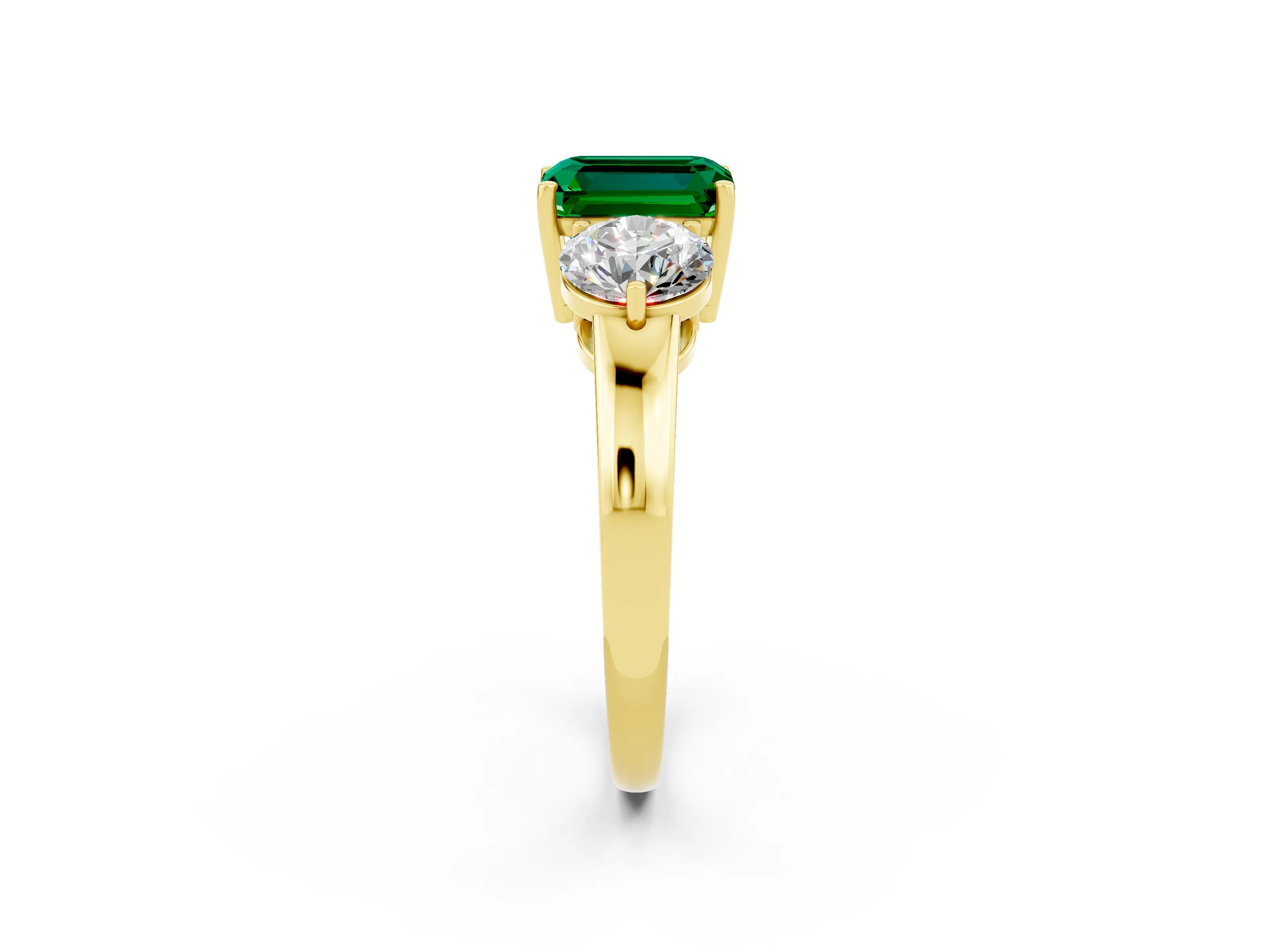 Yellow gold Emerald Cut Emerald Three-Stone Ring with Prong Setting and Classic Band_2