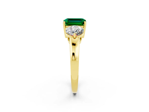 Yellow gold Emerald Cut Emerald Three-Stone Ring with Prong Setting and Classic Band