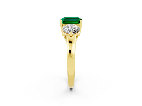 Yellow gold Emerald Cut Emerald Three-Stone Ring with Prong Setting and Classic Band_2