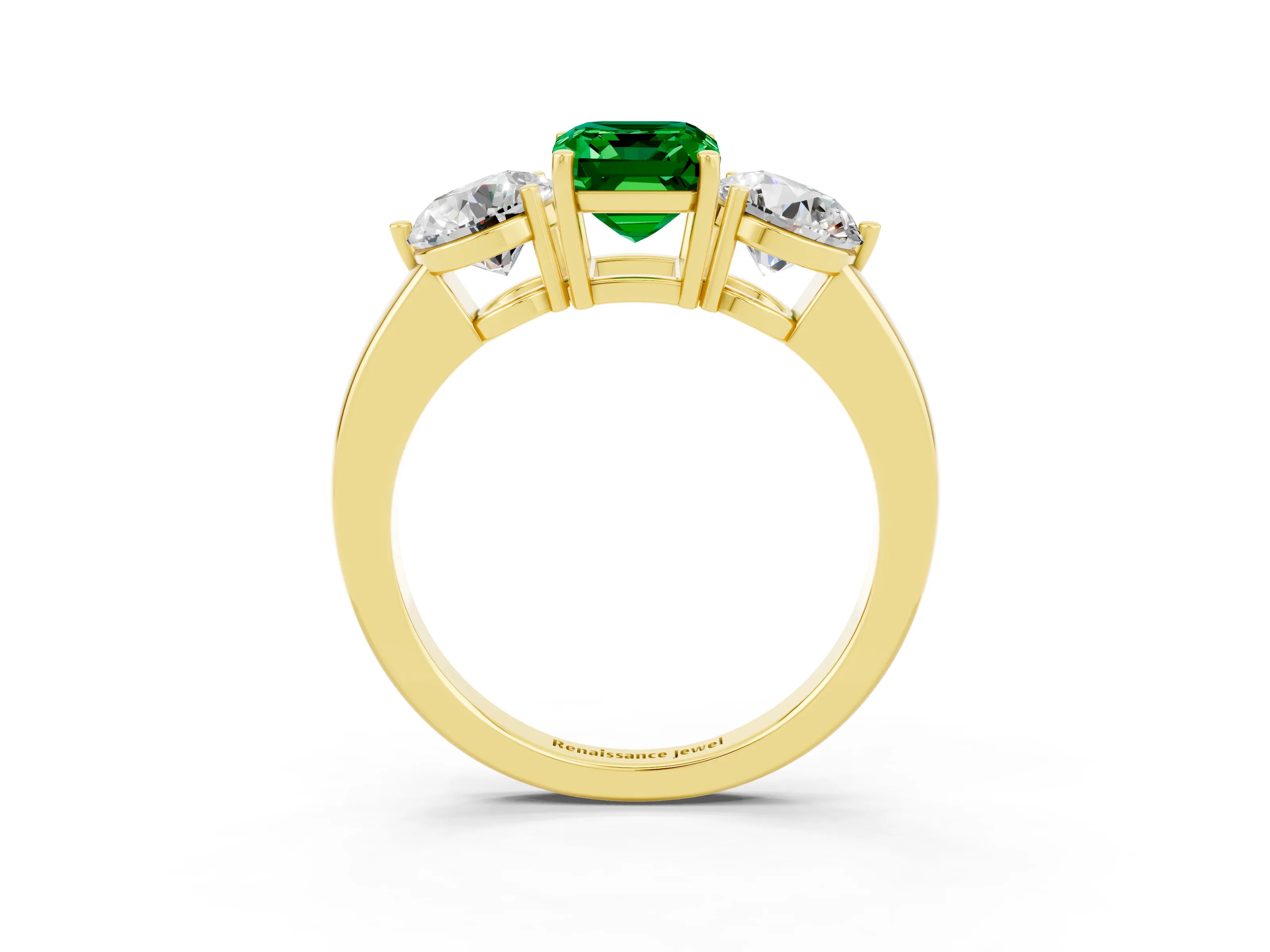 Yellow gold Emerald Cut Emerald Three-Stone Ring with Prong Setting and Classic Band_3