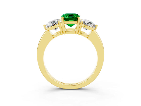 Yellow gold Emerald Cut Emerald Three-Stone Ring with Prong Setting and Classic Band