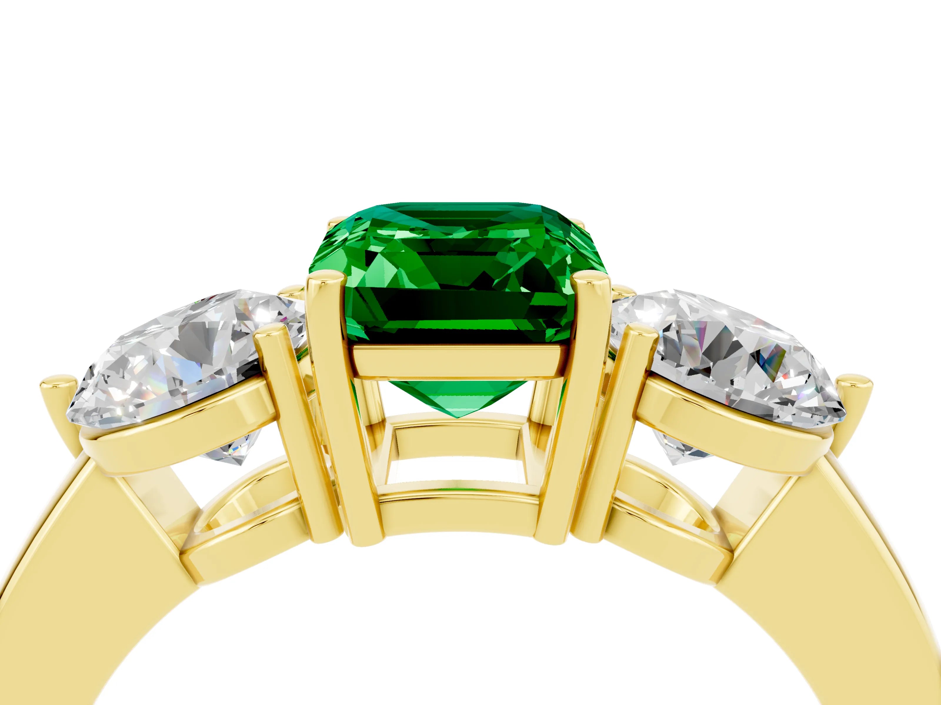 Yellow gold Emerald Cut Emerald Three-Stone Ring with Prong Setting and Classic Band_4