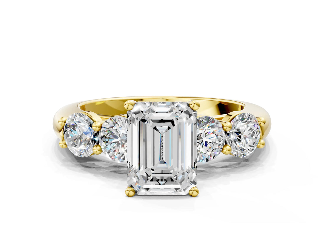 Yellow gold Emerald Cut Five-Stone Prong Set Diamond Ring with Classic Band_44