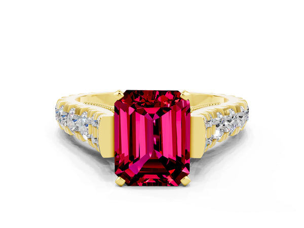 Yellow gold Emerald Cut Garnet Classic Solitaire Ring with Pavé Band and Four-Prong Setting