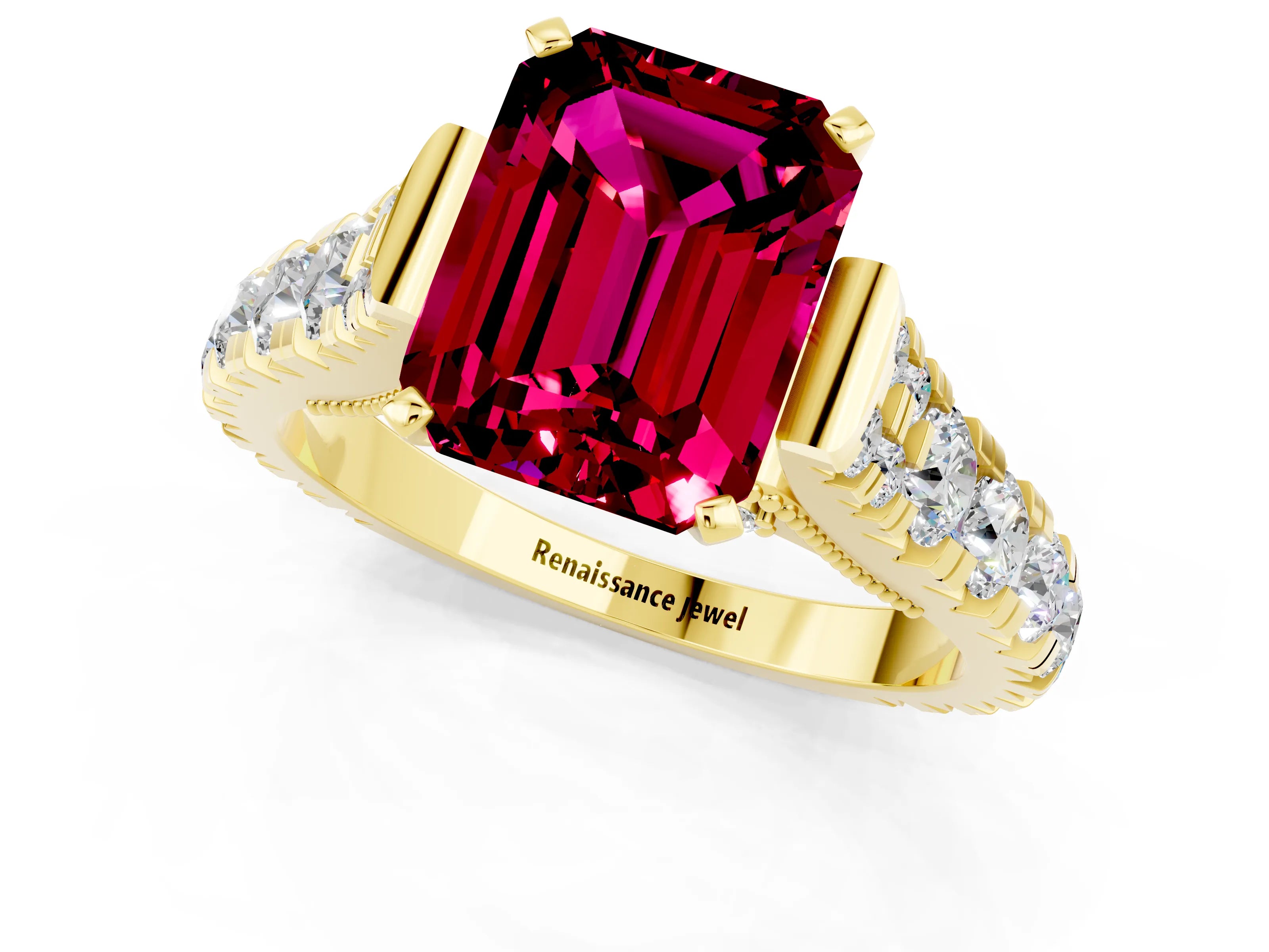 Yellow gold Emerald Cut Garnet Classic Solitaire Ring with Pavé Band and Four-Prong Setting_1