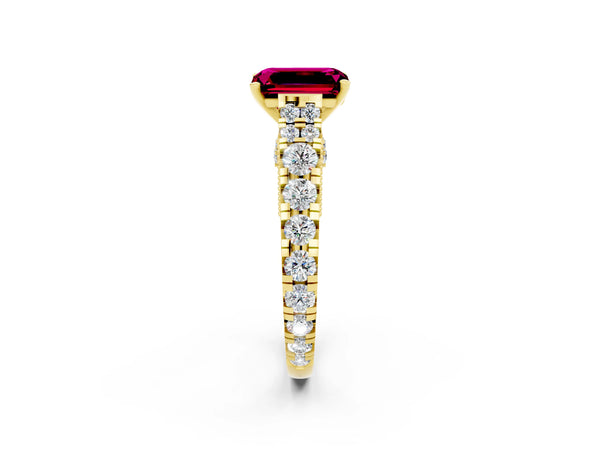 Yellow gold Emerald Cut Garnet Classic Solitaire Ring with Pavé Band and Four-Prong Setting