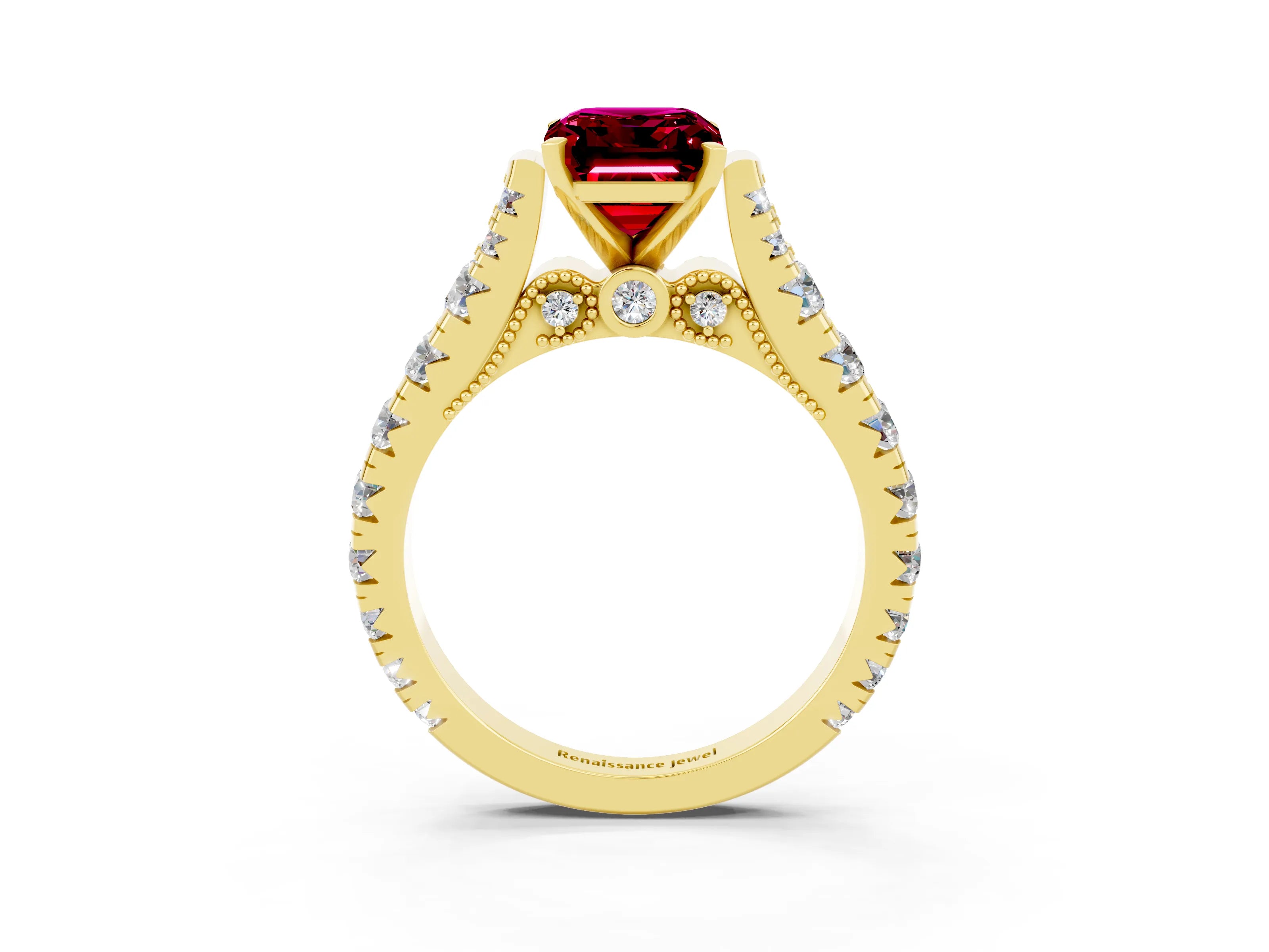 Yellow gold Emerald Cut Garnet Classic Solitaire Ring with Pavé Band and Four-Prong Setting_3