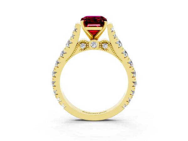Yellow gold Emerald Cut Garnet Classic Solitaire Ring with Pavé Band and Four-Prong Setting