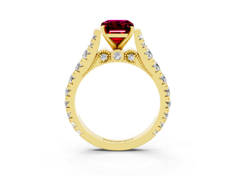 Yellow gold Emerald Cut Garnet Classic Solitaire Ring with Pavé Band and Four-Prong Setting_3