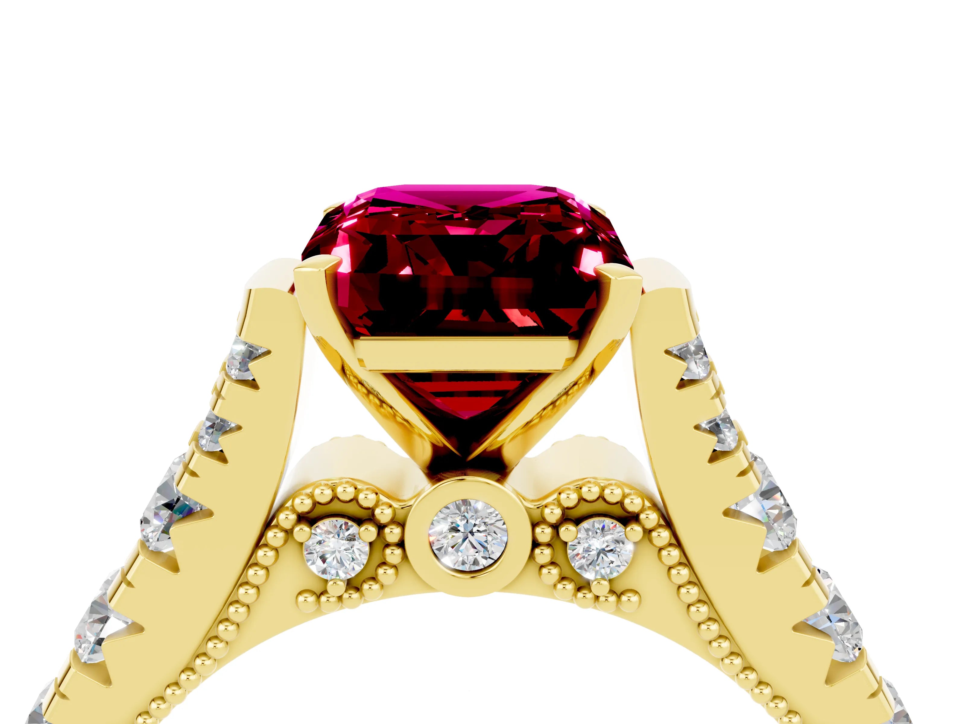 Yellow gold Emerald Cut Garnet Classic Solitaire Ring with Pavé Band and Four-Prong Setting_4