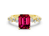 Yellow gold Emerald Cut Garnet Cluster Side Stone Solitaire Ring with Prong Setting_24