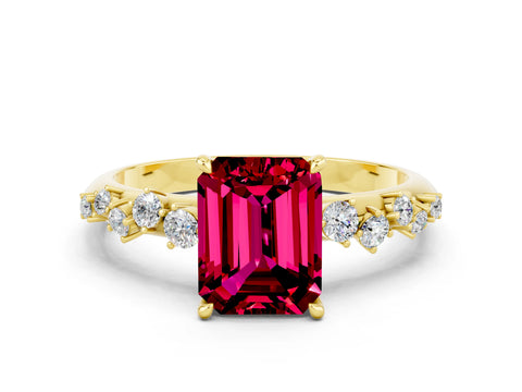 Yellow gold Emerald Cut Garnet Cluster Side Stone Solitaire Ring with Prong Setting_24