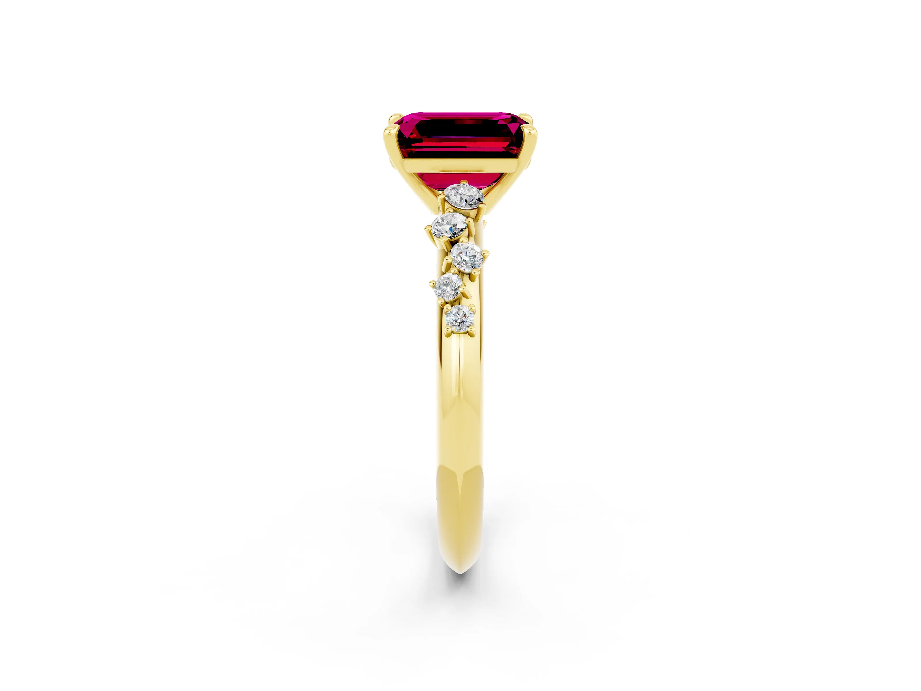 Yellow gold Emerald Cut Garnet Cluster Side Stone Solitaire Ring with Prong Setting_26