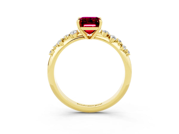 Yellow gold Emerald Cut Garnet Cluster Side Stone Solitaire Ring with Prong Setting