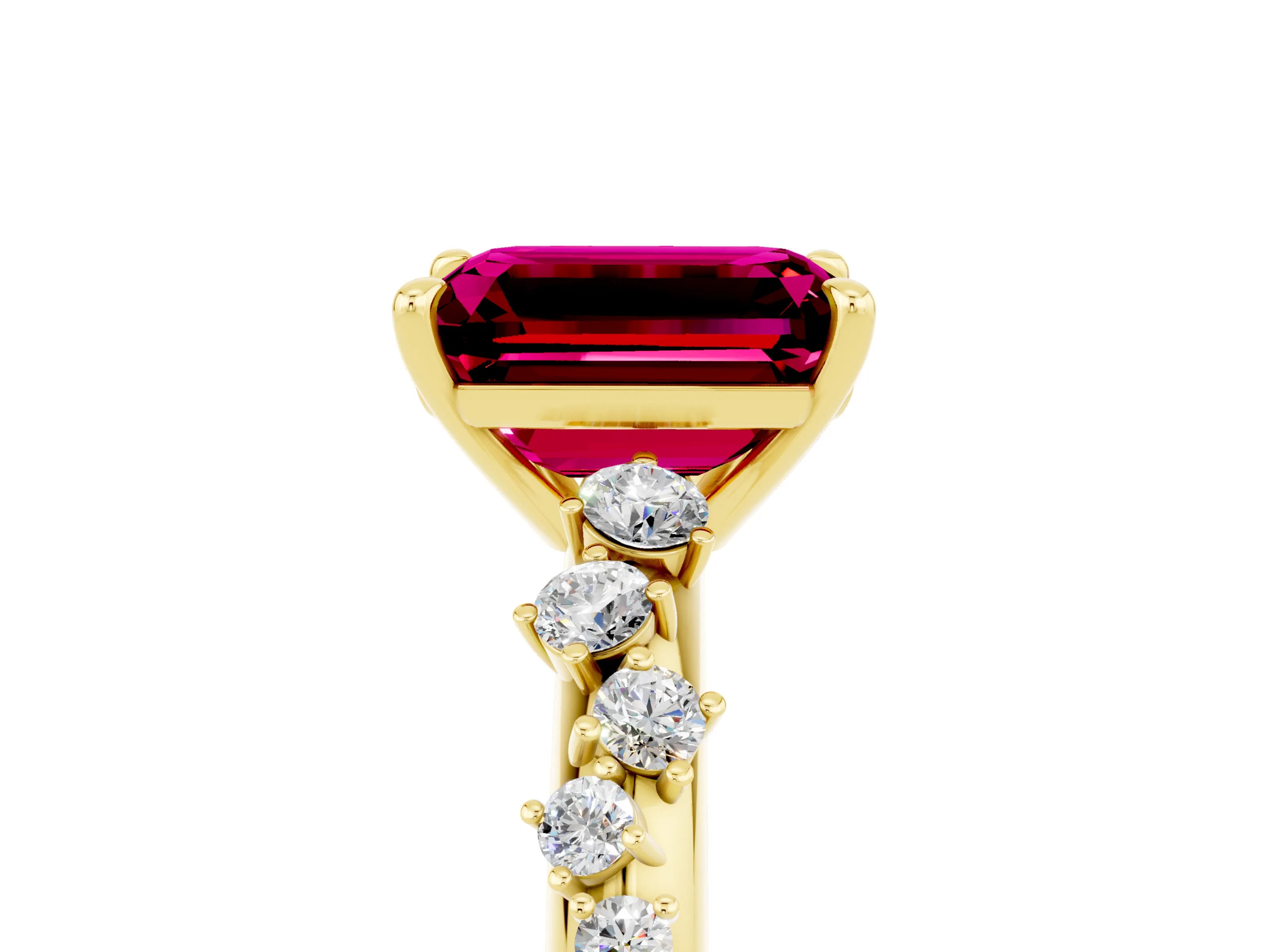 Yellow gold Emerald Cut Garnet Cluster Side Stone Solitaire Ring with Prong Setting_29